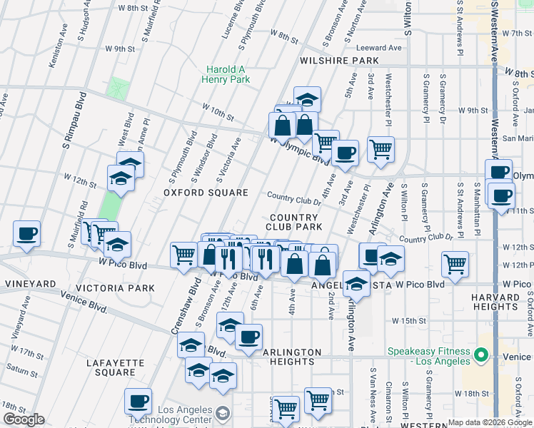 map of restaurants, bars, coffee shops, grocery stores, and more near 1159 South Norton Avenue in Los Angeles