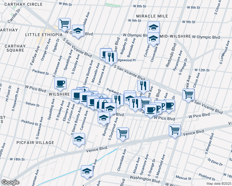 map of restaurants, bars, coffee shops, grocery stores, and more near 1326 South Ridgeley Drive in Los Angeles
