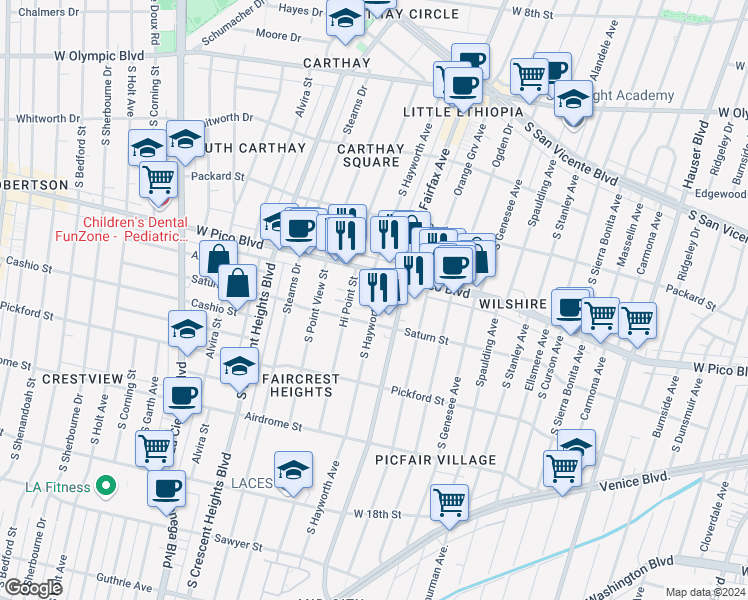 map of restaurants, bars, coffee shops, grocery stores, and more near 1455 South Hayworth Avenue in Los Angeles
