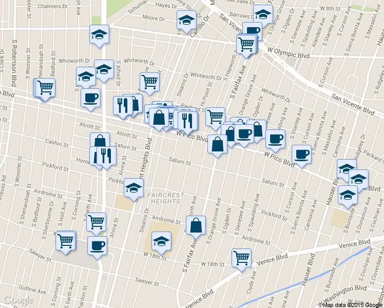 map of restaurants, bars, coffee shops, grocery stores, and more near 1501 Hi Point Street in Los Angeles