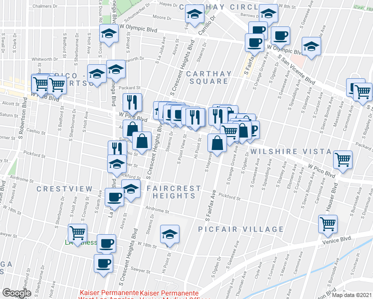 map of restaurants, bars, coffee shops, grocery stores, and more near 1501 Hi Point Street in Los Angeles