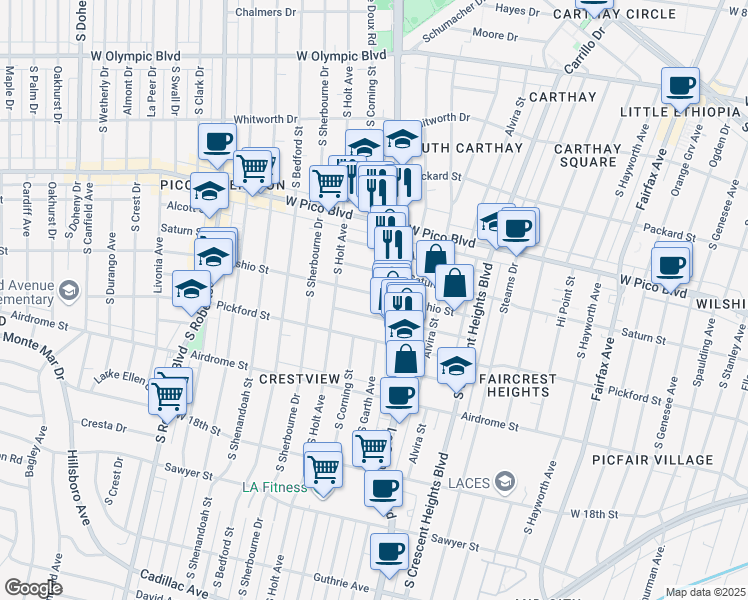 map of restaurants, bars, coffee shops, grocery stores, and more near 8526 Horner Street in Los Angeles