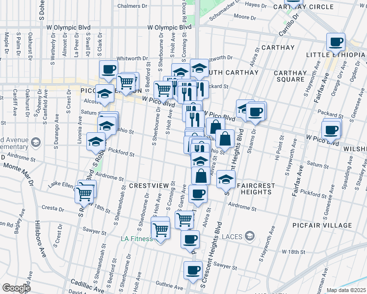 map of restaurants, bars, coffee shops, grocery stores, and more near 8526 Horner Street in Los Angeles