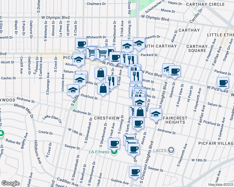 map of restaurants, bars, coffee shops, grocery stores, and more near 8576 Horner Street in Los Angeles
