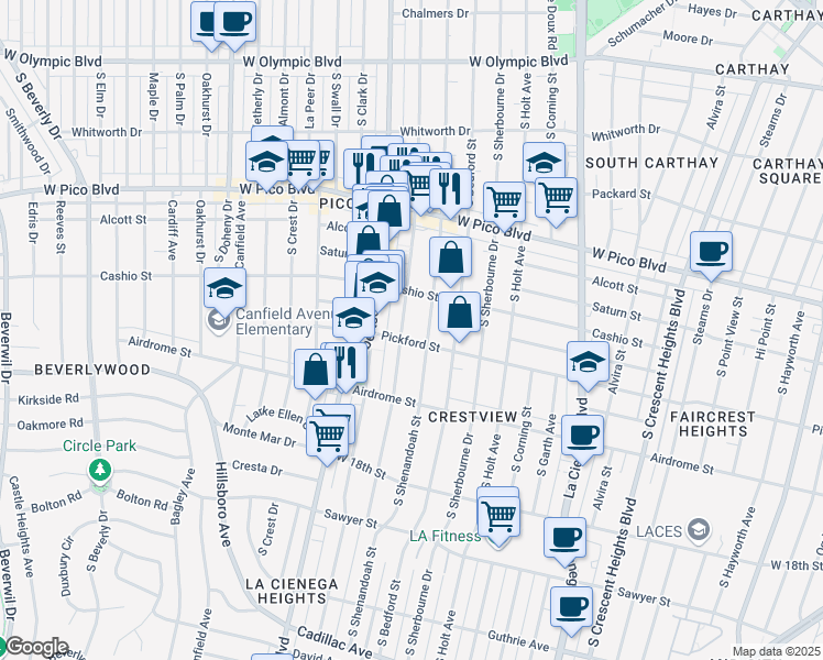 map of restaurants, bars, coffee shops, grocery stores, and more near 1608 South Wooster Street in Los Angeles