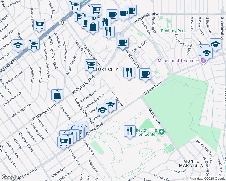 map of restaurants, bars, coffee shops, grocery stores, and more near 2325 Fox Hills Drive in Los Angeles