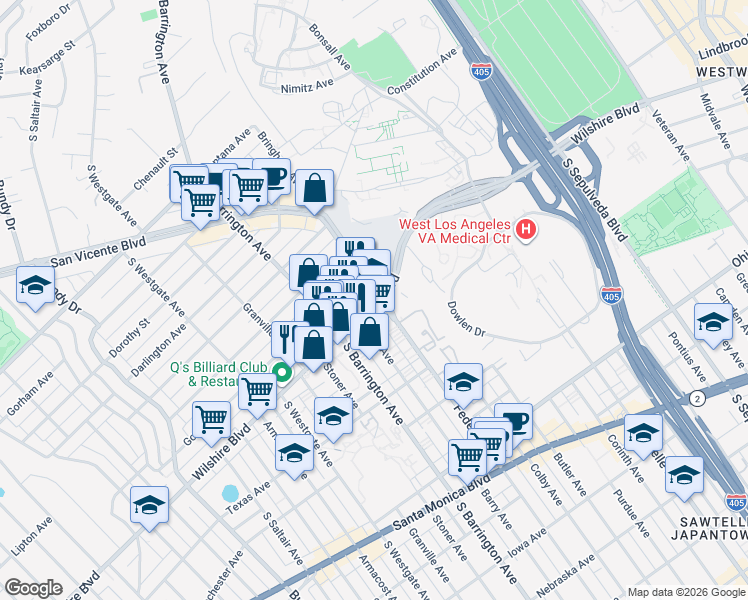 map of restaurants, bars, coffee shops, grocery stores, and more near 11620 Wilshire Boulevard in Los Angeles