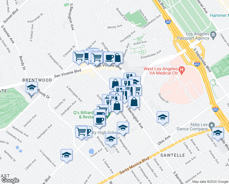 map of restaurants, bars, coffee shops, grocery stores, and more near 11723 Goshen Avenue in Los Angeles