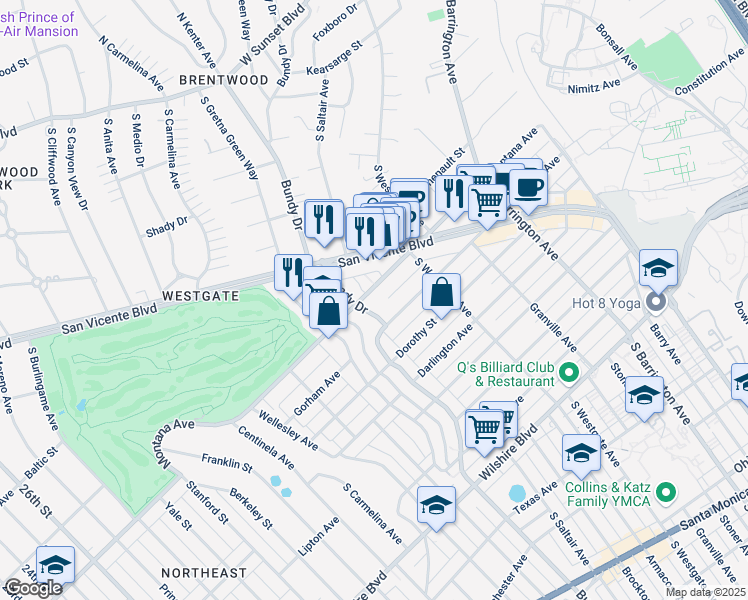 map of restaurants, bars, coffee shops, grocery stores, and more near 836 South Bundy Drive in Los Angeles
