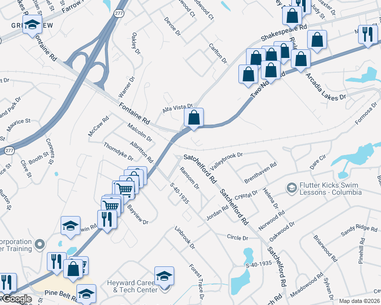 map of restaurants, bars, coffee shops, grocery stores, and more near 6819 Satchelford Road in Columbia