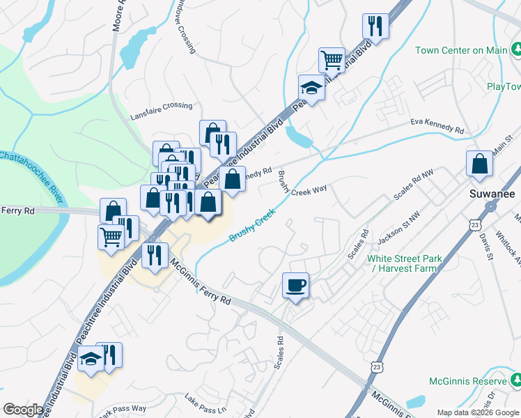 map of restaurants, bars, coffee shops, grocery stores, and more near 1025 Brushy Creek Court in Suwanee