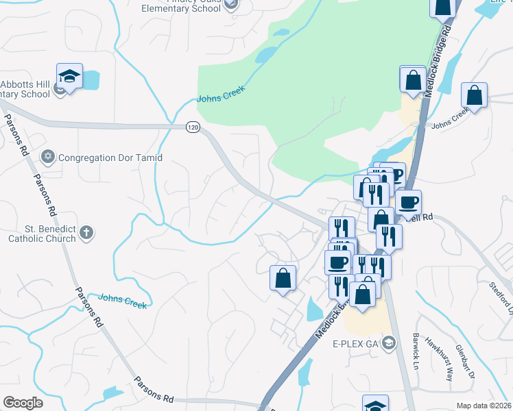map of restaurants, bars, coffee shops, grocery stores, and more near 11042 Lorin Way in Johns Creek