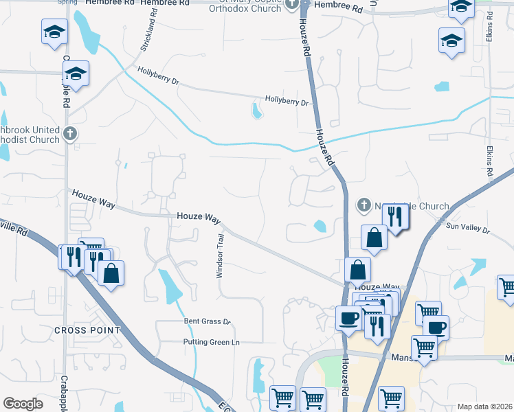 map of restaurants, bars, coffee shops, grocery stores, and more near 1120 Falstaff Drive in Roswell