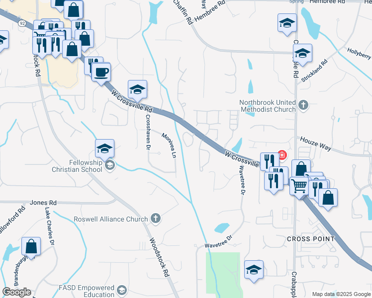 map of restaurants, bars, coffee shops, grocery stores, and more near 295 West Crossville Road in Roswell