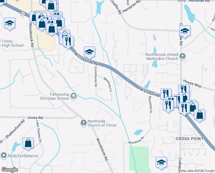 map of restaurants, bars, coffee shops, grocery stores, and more near 320 Monivea Lane in Roswell