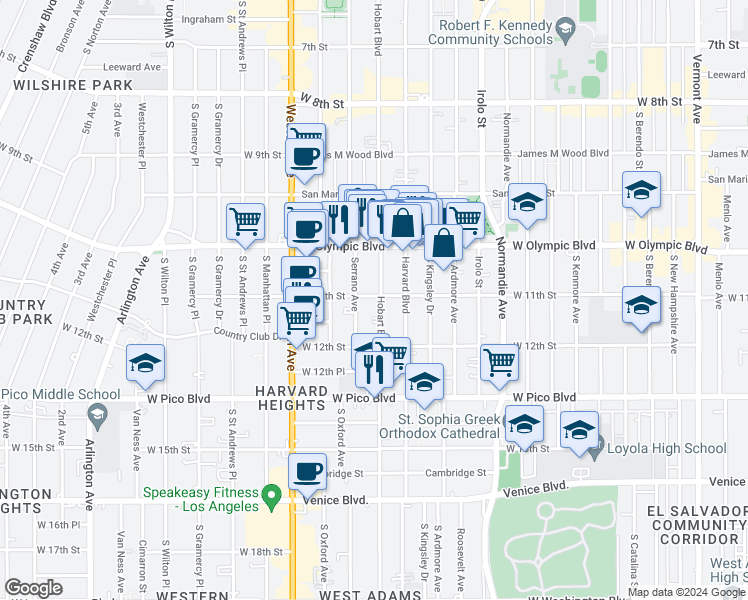 map of restaurants, bars, coffee shops, grocery stores, and more near 1103 South Hobart Boulevard in Los Angeles