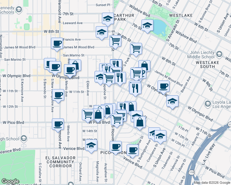 map of restaurants, bars, coffee shops, grocery stores, and more near 1130 South Hoover Street in Los Angeles