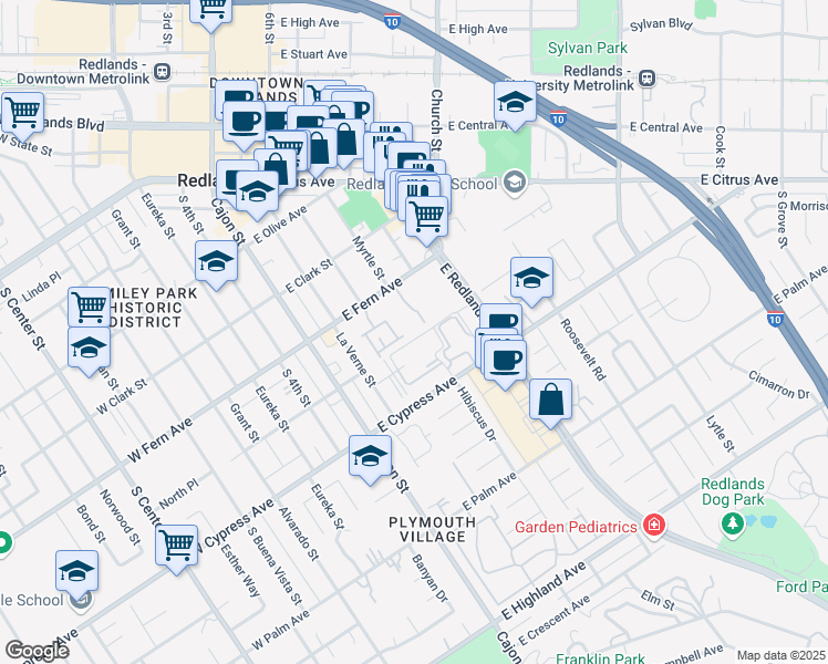 map of restaurants, bars, coffee shops, grocery stores, and more near 242 East Fern Avenue in Redlands
