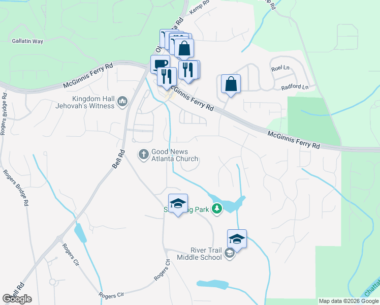 map of restaurants, bars, coffee shops, grocery stores, and more near 7832 Amawalk Circle in Duluth