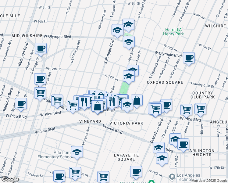 map of restaurants, bars, coffee shops, grocery stores, and more near 1240 South Muirfield Road in Los Angeles
