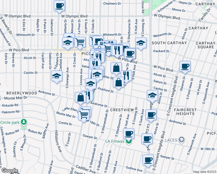map of restaurants, bars, coffee shops, grocery stores, and more near 1608 South Wooster Street in Los Angeles