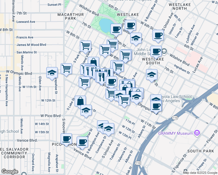 map of restaurants, bars, coffee shops, grocery stores, and more near W Olympic Blvd & S Bonnie Brae St in Los Angeles