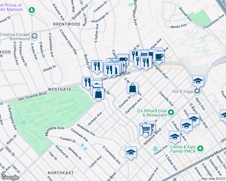 map of restaurants, bars, coffee shops, grocery stores, and more near 11970 Montana Avenue in Los Angeles