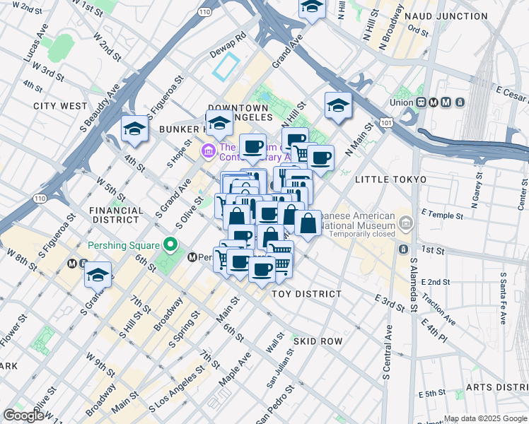 map of restaurants, bars, coffee shops, grocery stores, and more near 257 South Spring Street in Los Angeles