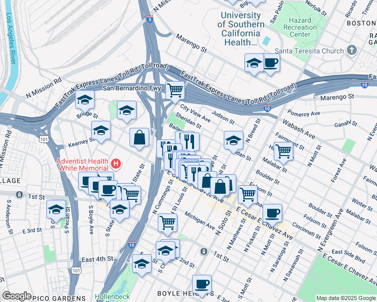 map of restaurants, bars, coffee shops, grocery stores, and more near 617 North Cummings Street in Los Angeles