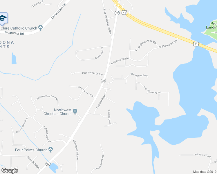 map of restaurants, bars, coffee shops, grocery stores, and more near 3822 Bayside Passage in Acworth