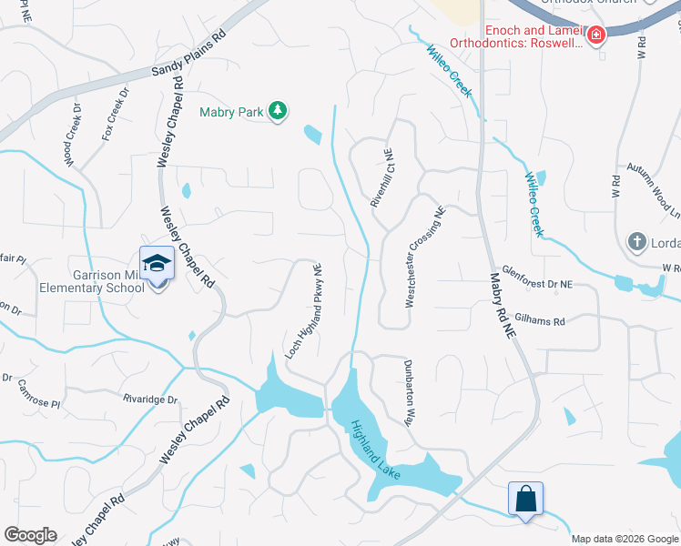 map of restaurants, bars, coffee shops, grocery stores, and more near 4195 Westchester Trace in Roswell