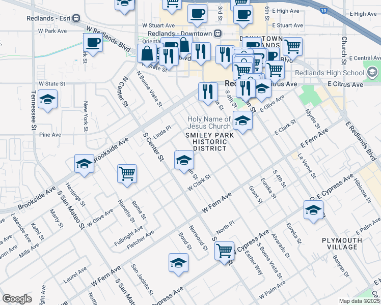 map of restaurants, bars, coffee shops, grocery stores, and more near 144 South Michigan Street in Redlands