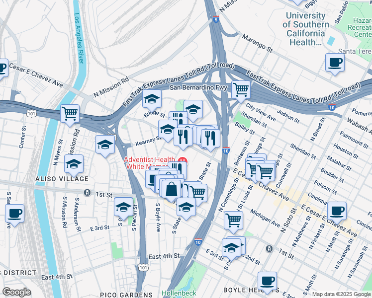 map of restaurants, bars, coffee shops, grocery stores, and more near 414 North Boyle Avenue in Los Angeles