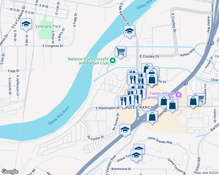 map of restaurants, bars, coffee shops, grocery stores, and more near 1097 South Santo Antonio Drive in Colton