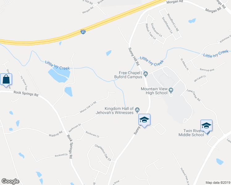 map of restaurants, bars, coffee shops, grocery stores, and more near 2398 Ashbury Court in Buford