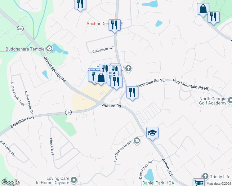 map of restaurants, bars, coffee shops, grocery stores, and more near 1971 Hog Mountain Church Road Northeast in Buford
