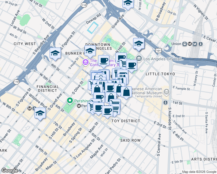 map of restaurants, bars, coffee shops, grocery stores, and more near 257 South Spring Street in Los Angeles