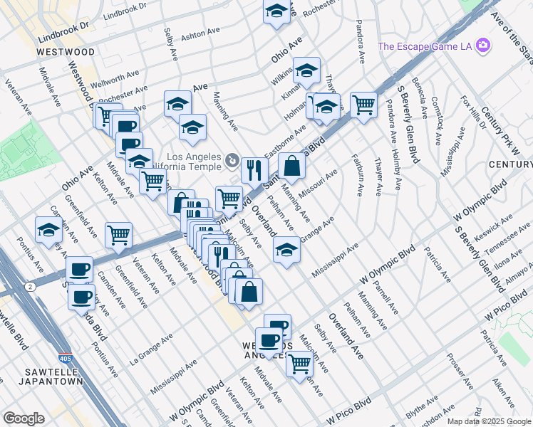 map of restaurants, bars, coffee shops, grocery stores, and more near 1826 Overland Avenue in Los Angeles