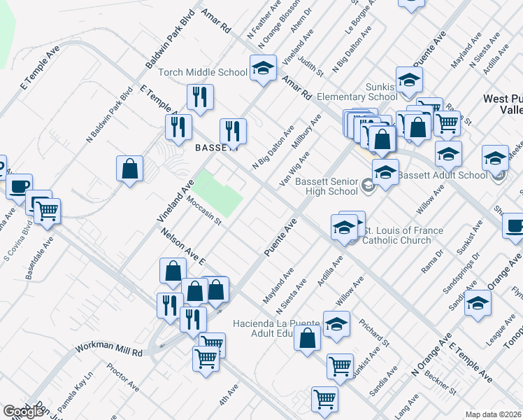 map of restaurants, bars, coffee shops, grocery stores, and more near 13622 Hartsville Street in La Puente