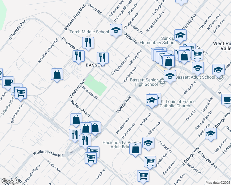 map of restaurants, bars, coffee shops, grocery stores, and more near 13622 Hartsville Street in La Puente