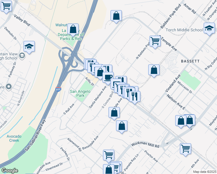 map of restaurants, bars, coffee shops, grocery stores, and more near 122 Santa Mariana Avenue in La Puente