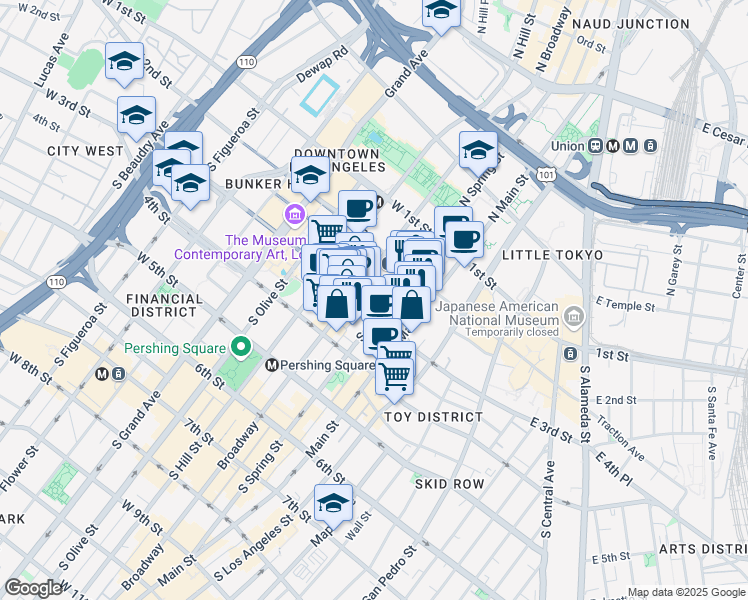 map of restaurants, bars, coffee shops, grocery stores, and more near 257 South Spring Street in Los Angeles