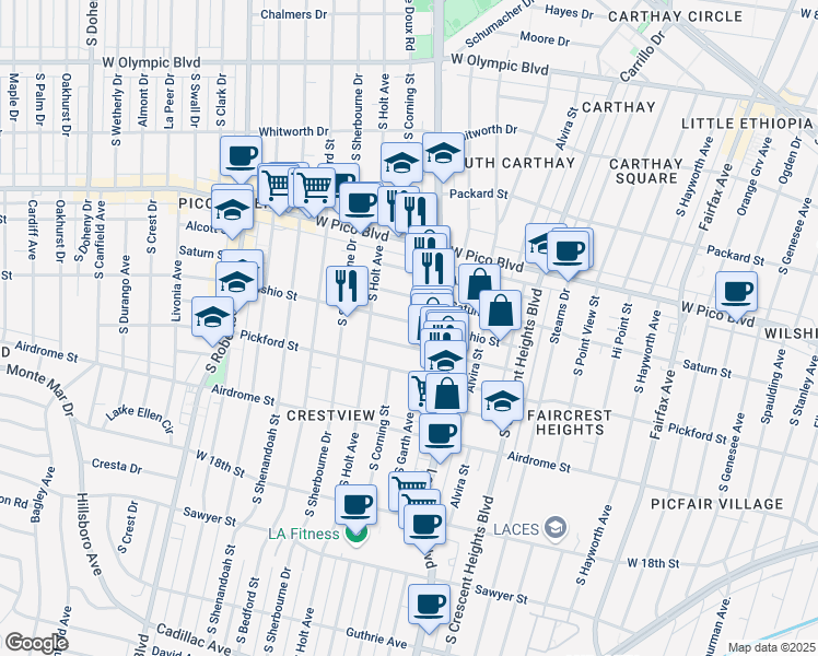 map of restaurants, bars, coffee shops, grocery stores, and more near 8526 Horner Street in Los Angeles
