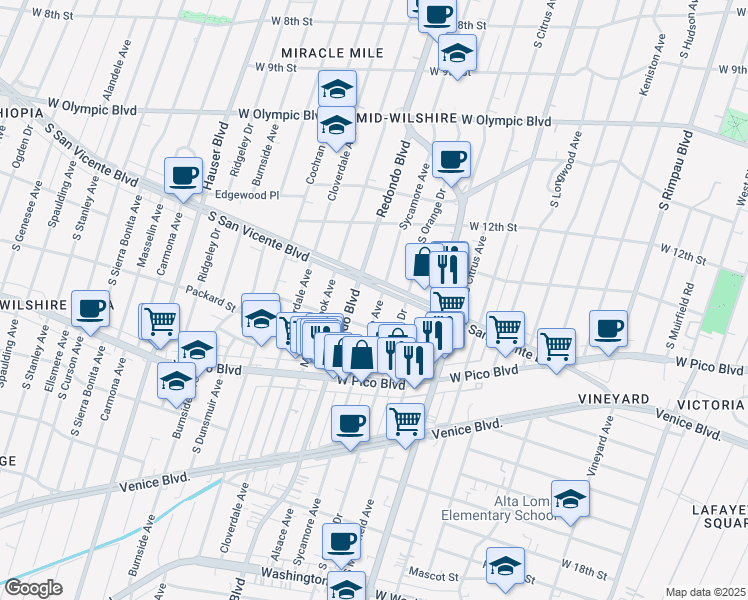 map of restaurants, bars, coffee shops, grocery stores, and more near 1290 South Sycamore Avenue in Los Angeles