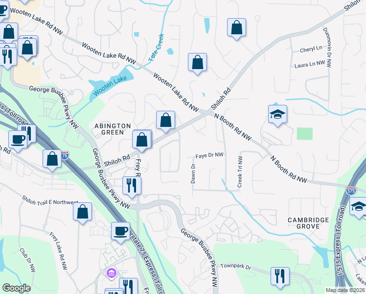 map of restaurants, bars, coffee shops, grocery stores, and more near 4171 Shiloh Ridge Trail in Kennesaw