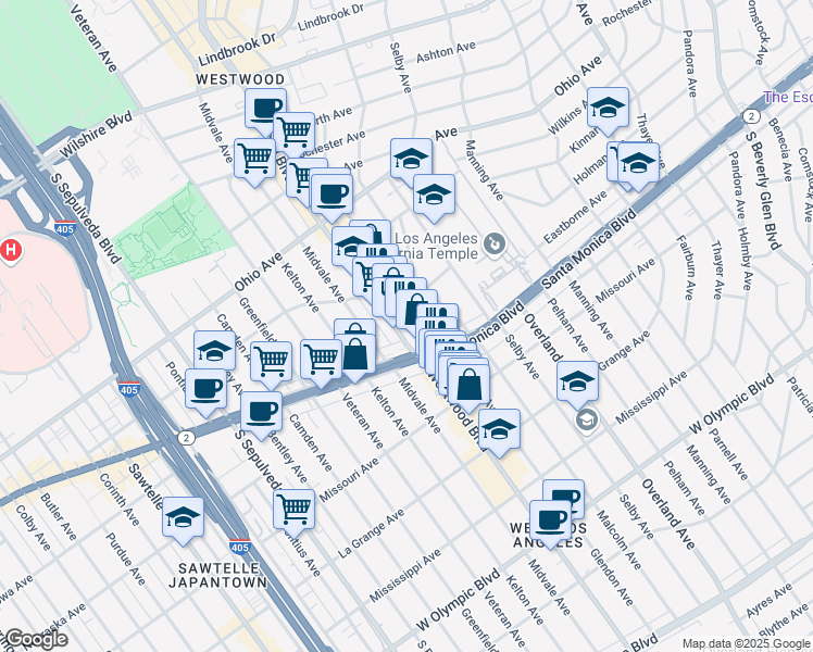map of restaurants, bars, coffee shops, grocery stores, and more near 10857 Santa Monica Boulevard in Los Angeles