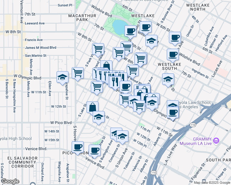 map of restaurants, bars, coffee shops, grocery stores, and more near in Los Angeles
