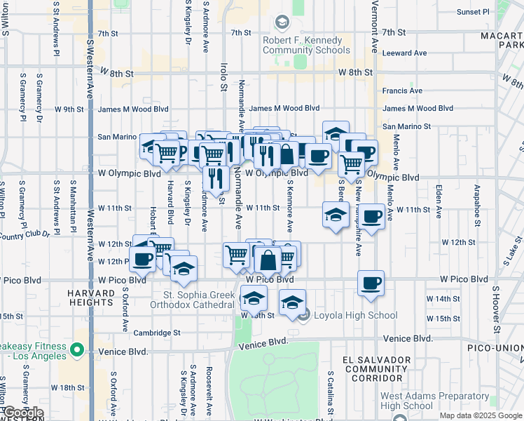 map of restaurants, bars, coffee shops, grocery stores, and more near 1129 South Mariposa Avenue in Los Angeles