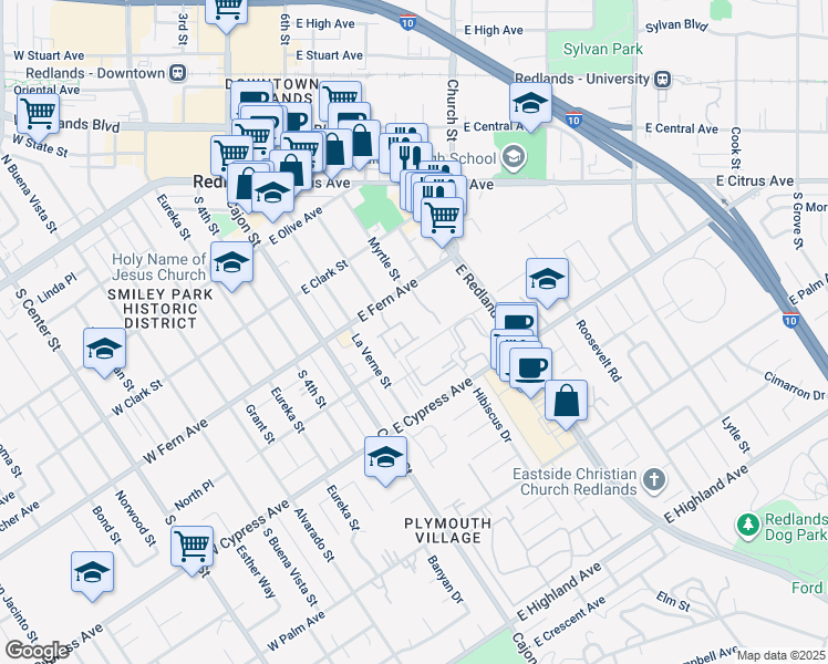 map of restaurants, bars, coffee shops, grocery stores, and more near 454 Sonora Circle in Redlands