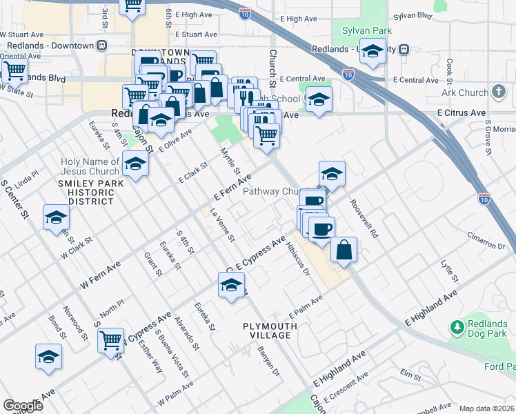 map of restaurants, bars, coffee shops, grocery stores, and more near 242 East Fern Avenue in Redlands